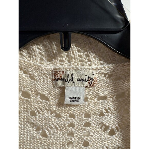 World Unity Cardigan Womens Medium Cream Crochet Short Sleeve Cropped Cover-up - Picture 2 of 4